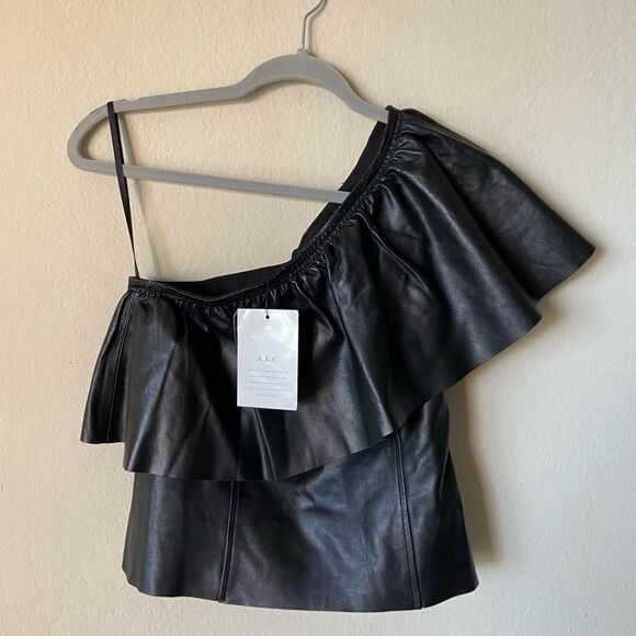 NWT A.L.C. Davos Lamb Leather Black Crop Top One Shoulder Ruffle Size 0 - Picture 7 of 12